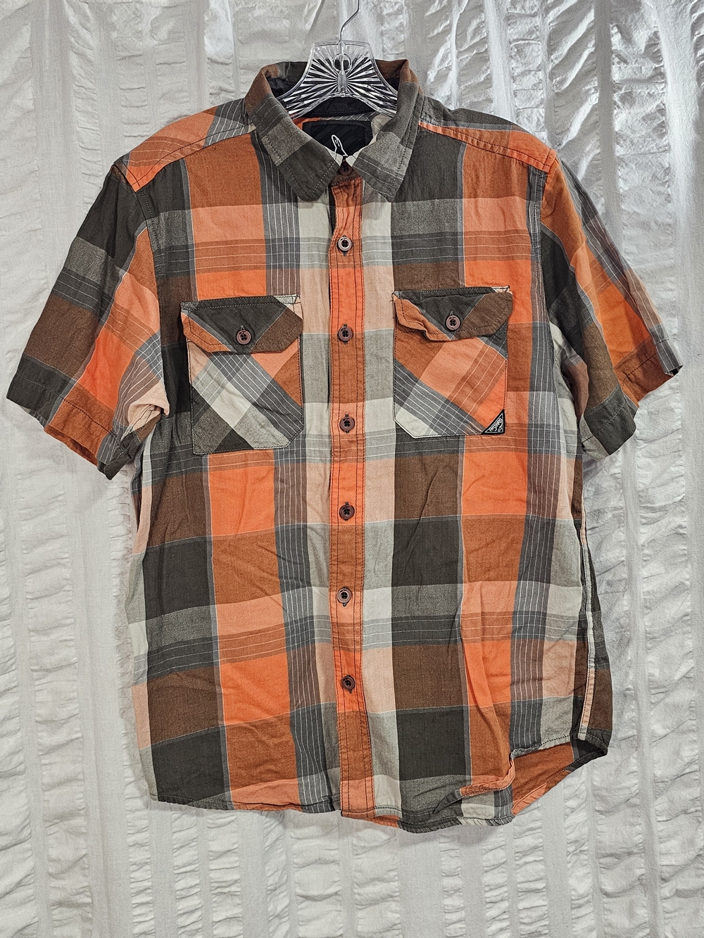 Alpinestars 100% Cotton Orange Brown Plaid Short-Sleeve Button Up Shirt Medium